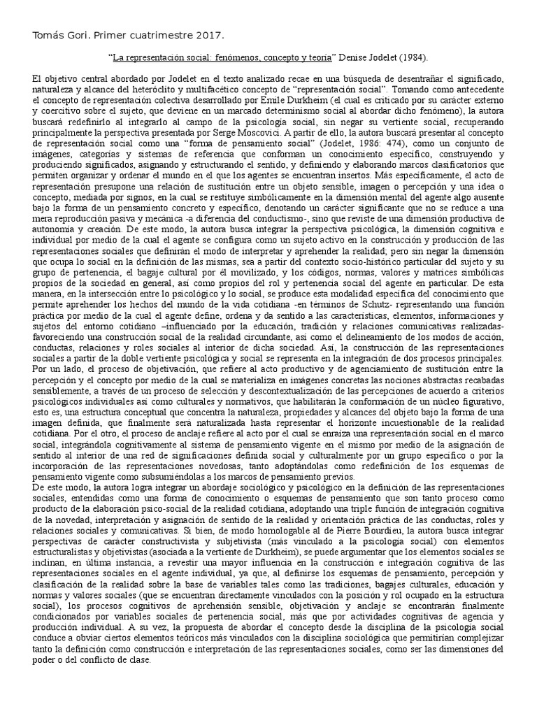 Resumen Las Representaciones Sociales Seg n Jodelet PDF Sociedad 