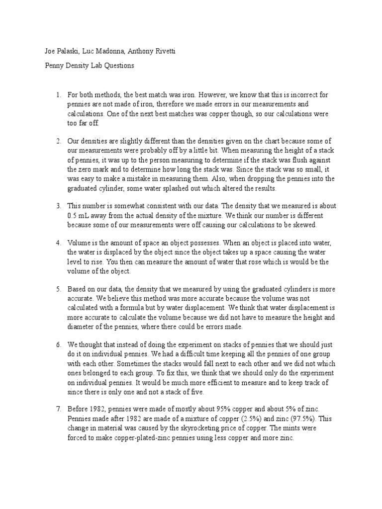 Penny Density Lab Questions PDF Density Penny