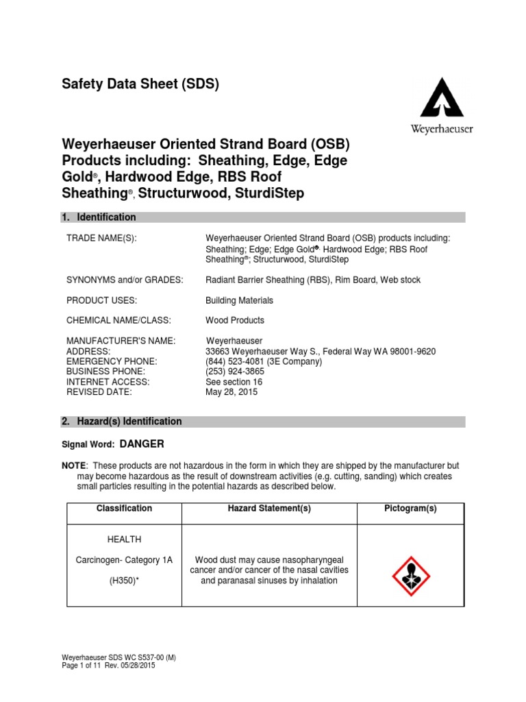Weyerhaeuser OSB Safety Data Sheet | PDF | Dangerous Goods | Formaldehyde