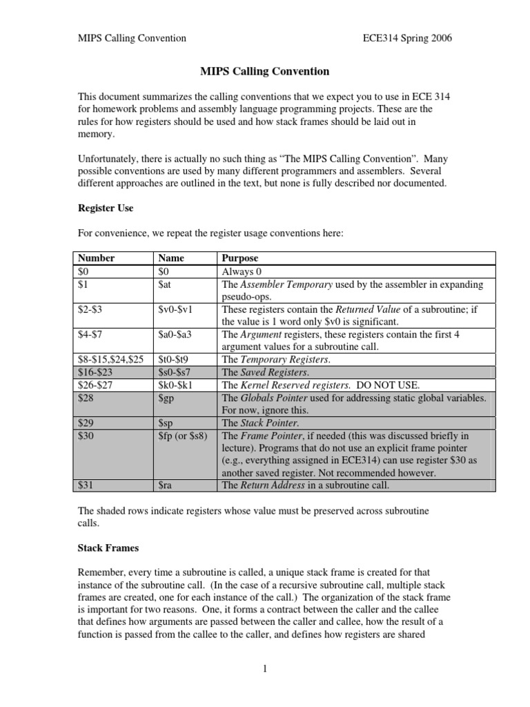 MIPS Calling Convention: Register Use | PDF | Subroutine | Parameter ...