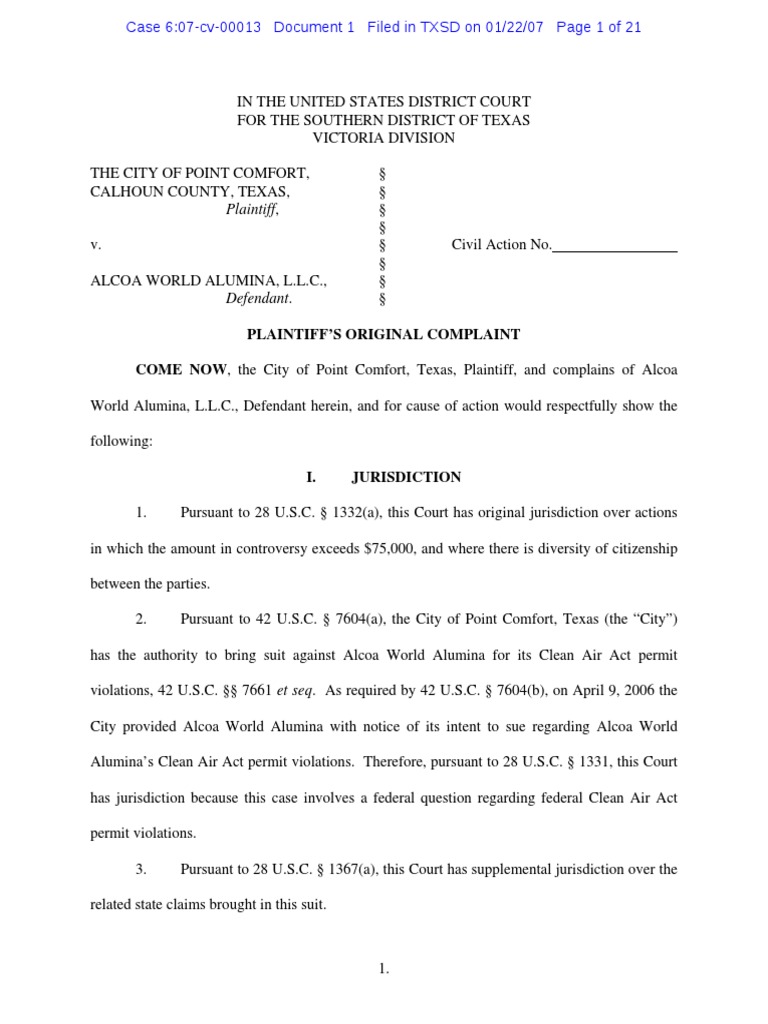City Of Point Comfort V Alcoa Original Petition Negligence Air