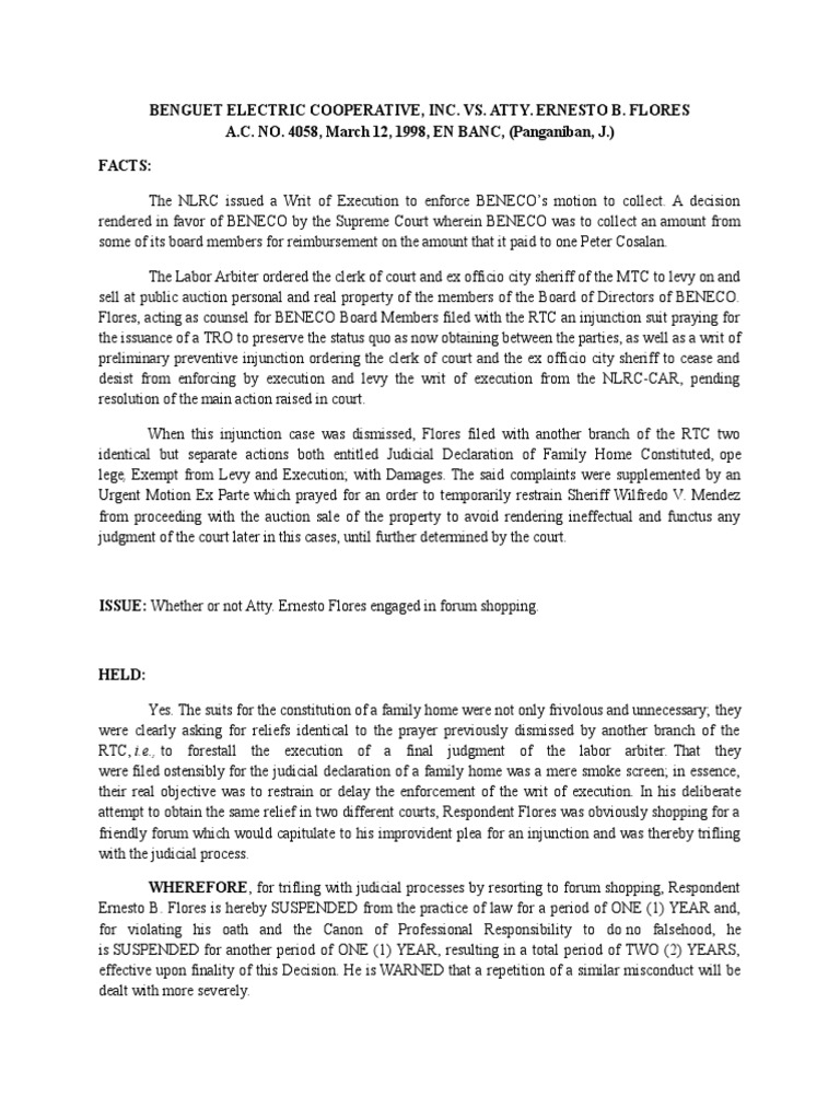 Benguet Electric Cooperative Inc. Vs Flores | PDF | Injunction | Writ