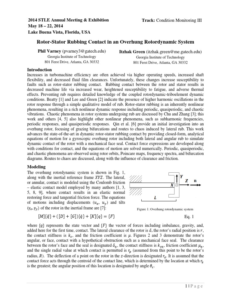 RotorStator Rubbing Contact in An Overhung Rotordynamic System PDF