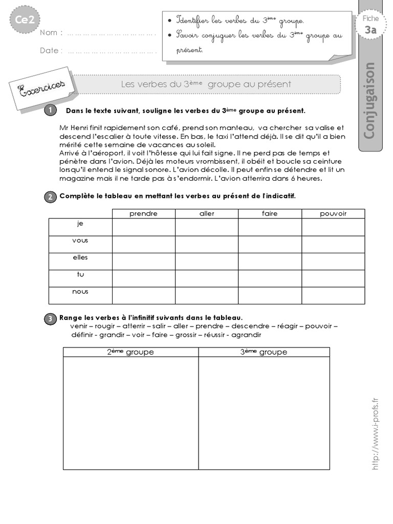 Verbes Du 3ème Groupe Au Présent Exercices Pdf Ce2 Exercices 3eme Groupe Present | PDF | Verbe | Relations syntaxiques