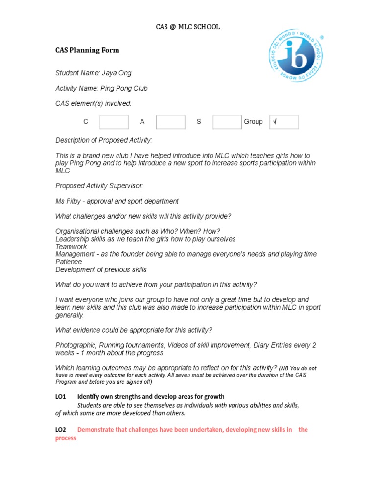 MLC School Ping Pong Club CAS Proposal | PDF | Teaching | Psychology