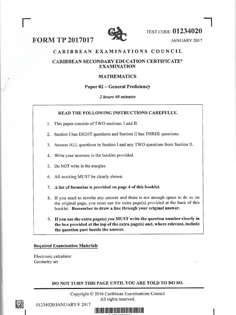 CSEC Mathematics Past Paper January 2017 | PDF
