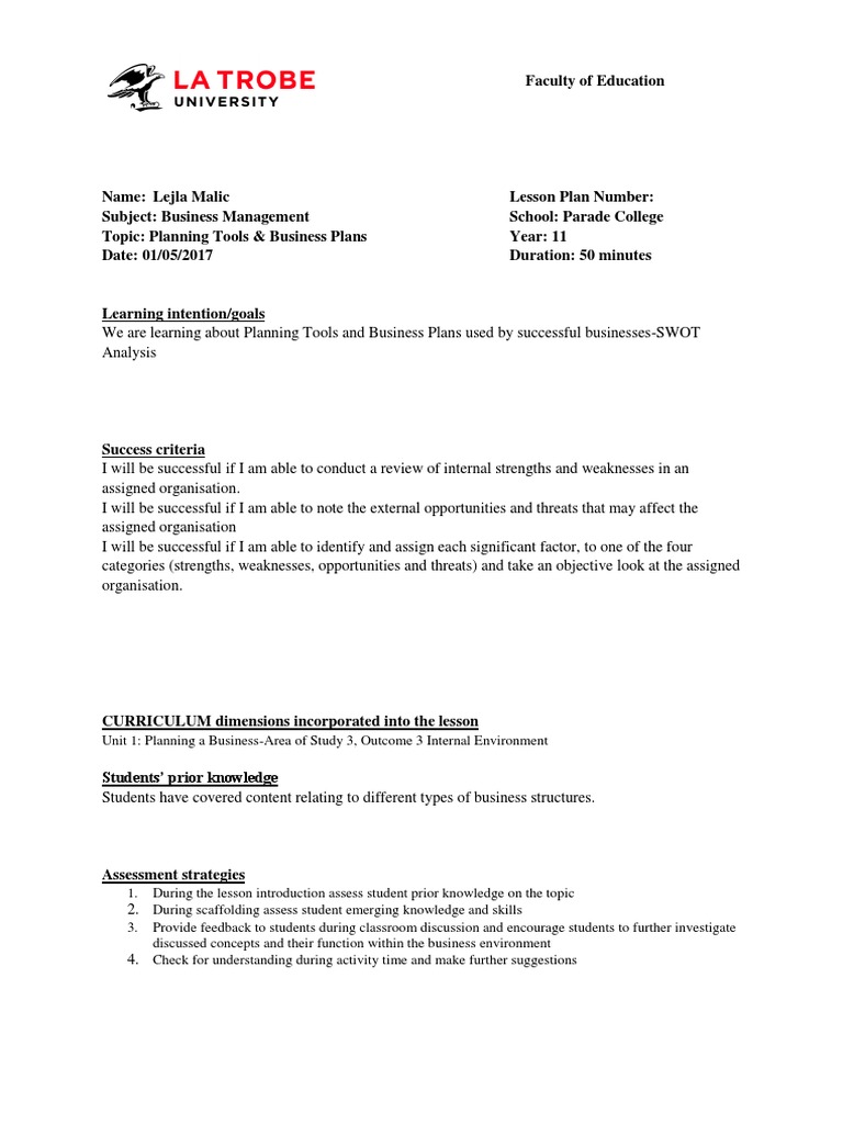 later years lesson plan for assessment tea Swot Analysis