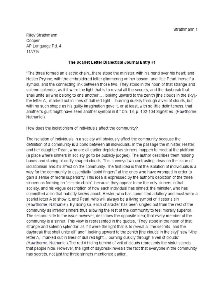 The Scarlet Letter Dialectical Journal Entry #1: (Hawthorne, Nathaniel ...
