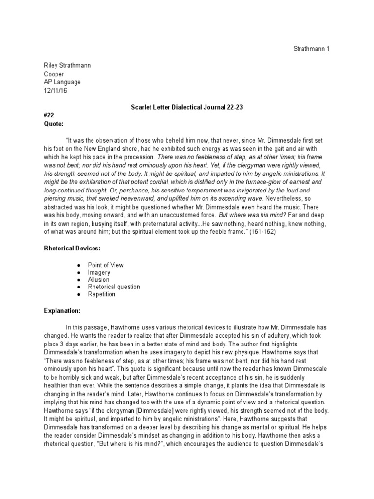 Scarlet Letter Dialectical Journal | PDF | Nathaniel Hawthorne ...
