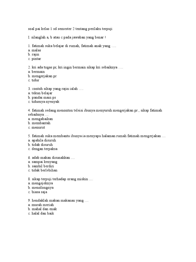 Soal Pai Kelas 1 Sd Semester 2 Tentang Perilaku Terpuji