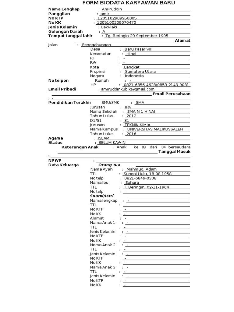 Form Biodata Diri Karyawan. Revisi