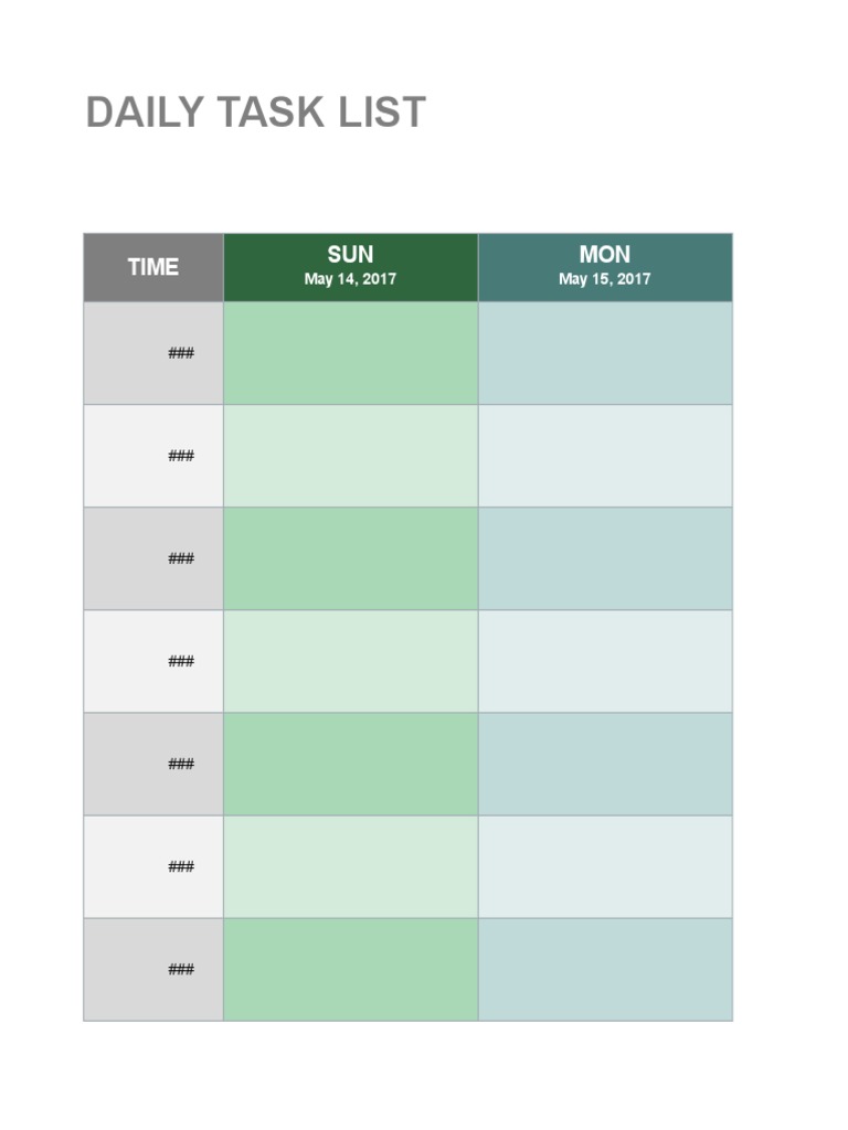 Daily Task List: Time SUN MON | PDF | Cooking, Food & Wine | Home & Garden