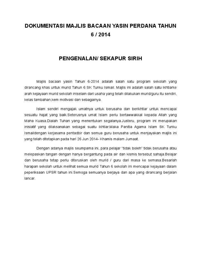 Dokumentasi Majlis Bacaan Yasin Perdana Tahun 6 Pdf
