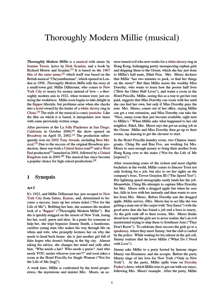 Thoroughly Modern Millie Musical Overview PDF Broadway Theatre