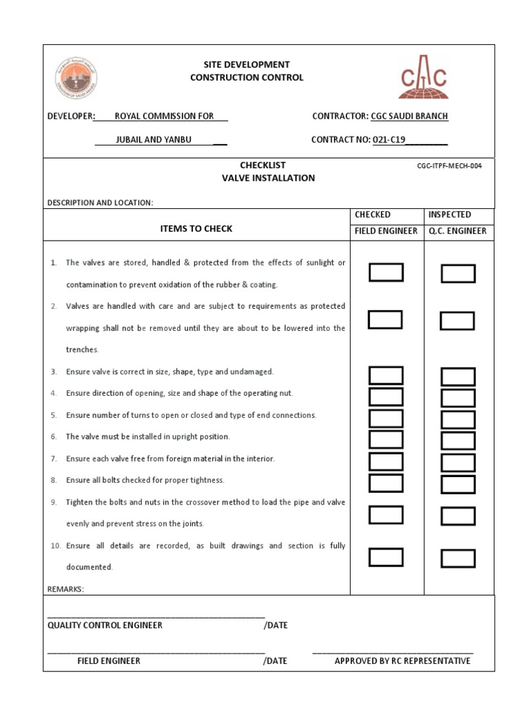 Valve Installation Inspection Checklist | PDF | Nut (Hardware) | Valve