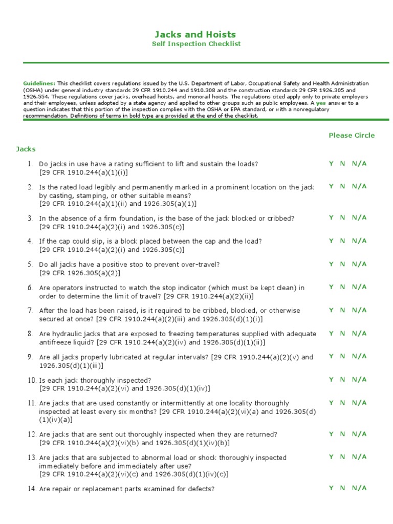 OSHA Jacks and Hoists Inspection Checklist | PDF | Occupational Safety ...