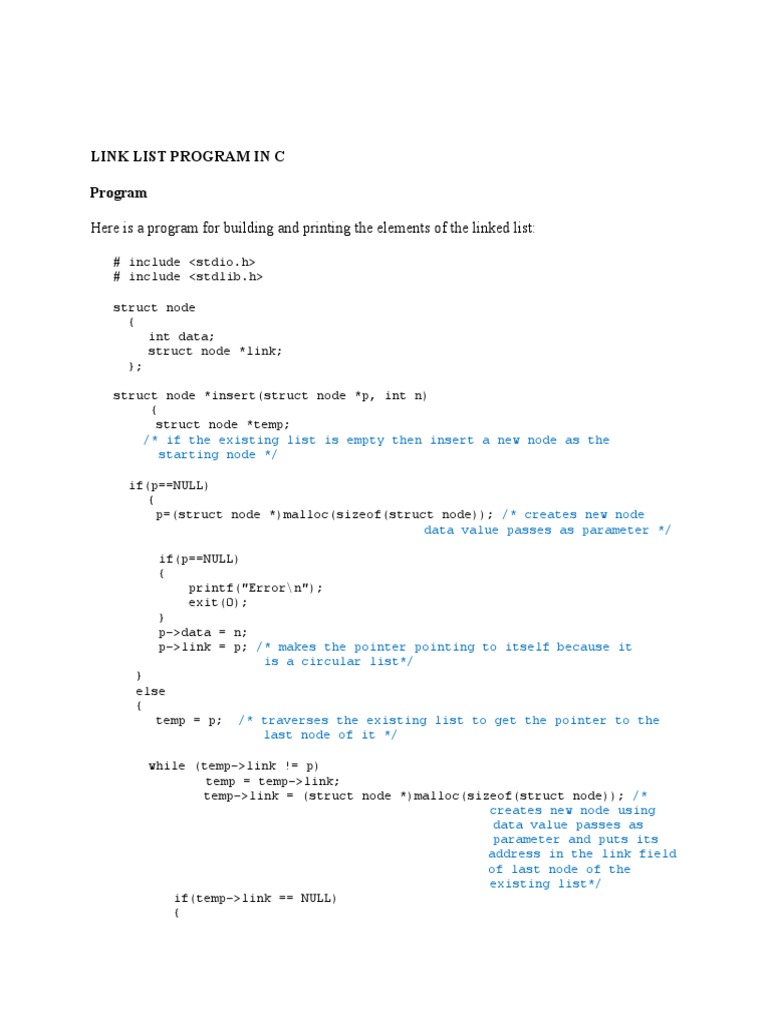 Link List Program in C | PDF | Computer Data | Computer Programming