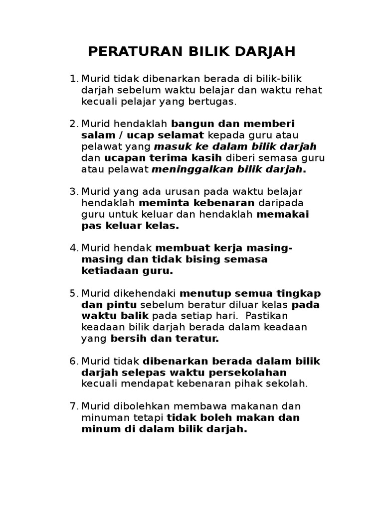 Peraturan Bilik Darjah Pdf