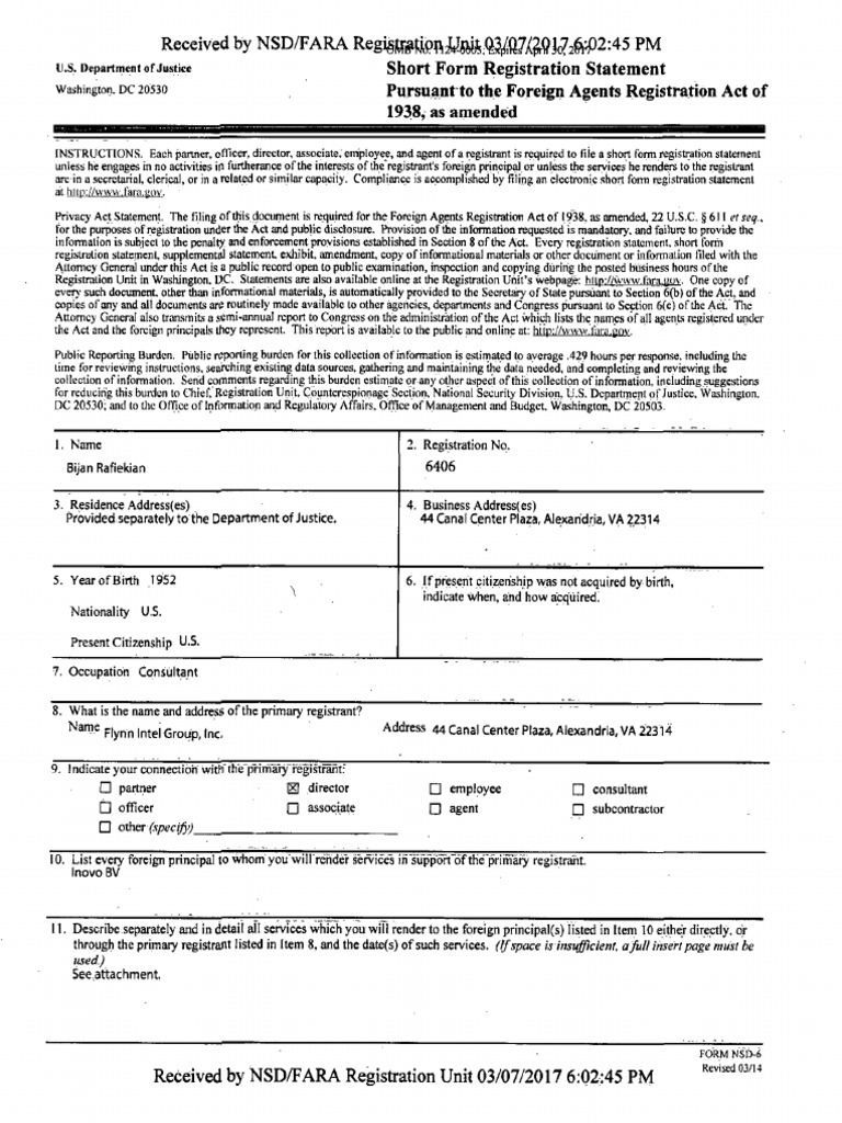 FARA Short Form Registration: Rafiekian | PDF | Government | Government ...