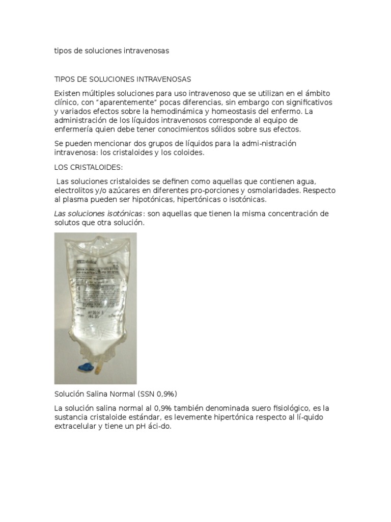 Tipos de Soluciones Intravenosas Terapia intravenosa Agua