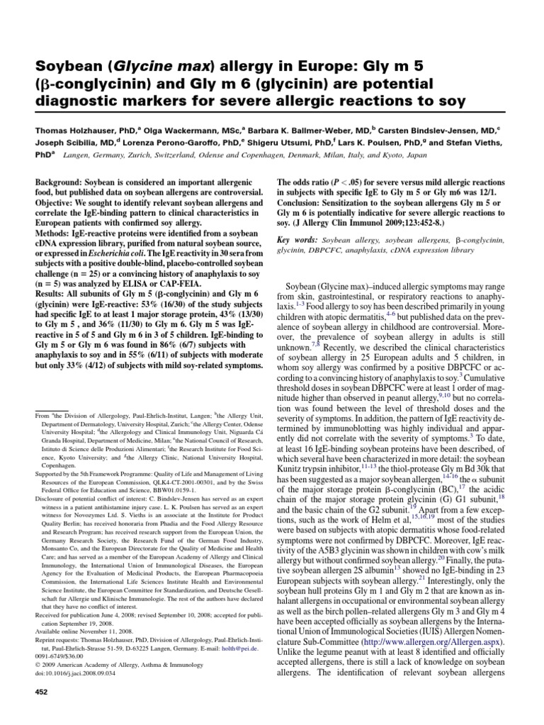 Soybean Glycine Max Allergy in Europe Gly M 5 Conglycinin and Gly M 6