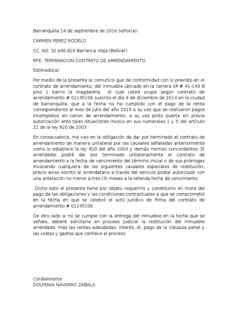 Terminación de Contrato, Oficio