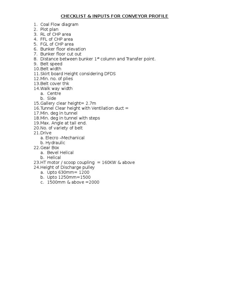 Conveyor Profile Checklist Inputs | PDF