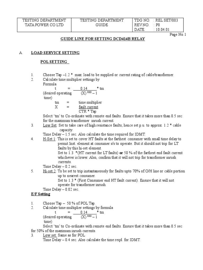 DCD414B Relay Setting Guide | PDF | Transformer | Relay