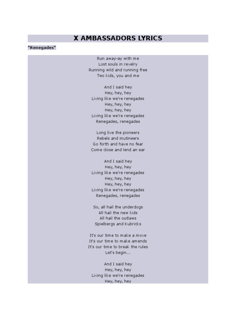 X Ambassadors Lyrics "Renegades" PDF Leisure