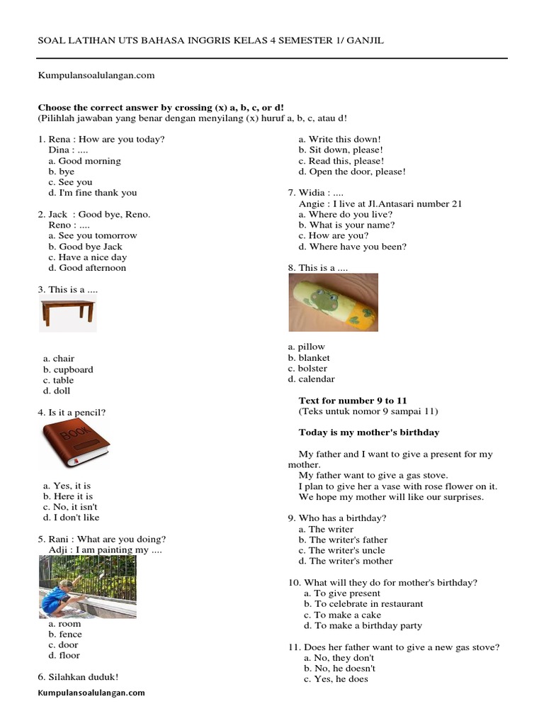 Soal Uts Bahasa Inggris Kelas 4 Semester 1 Pdf