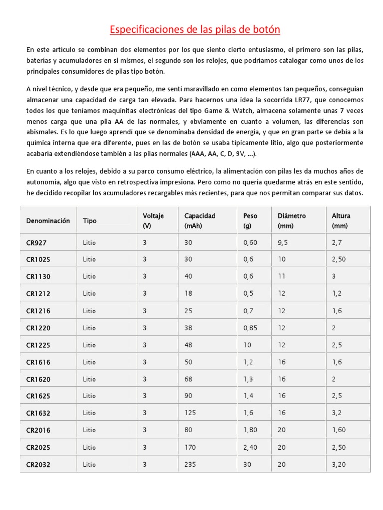 Especificaciones de Las Pilas de Botón PDF Batería recargable