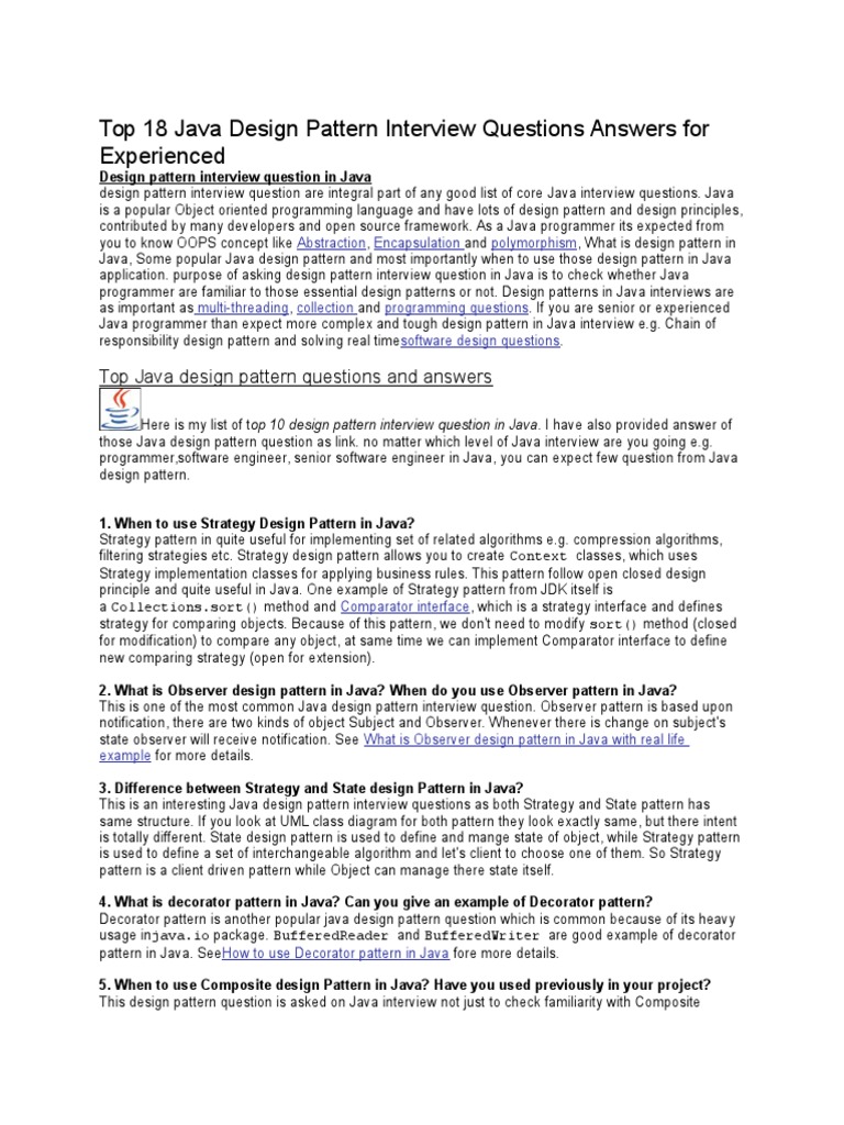 Top 18 Java Design Pattern Interview Questions Answers for Experienced