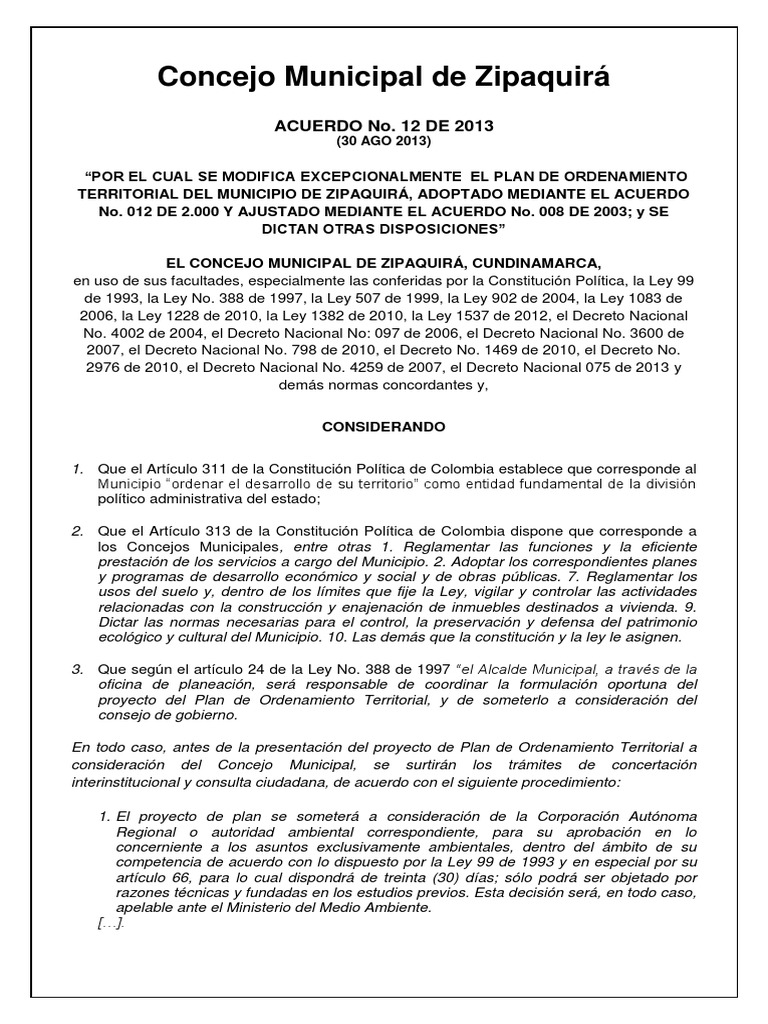 Acuerdo 12 De 13 Modificaciones Excepcionales Al P O T Turismo Area Rural