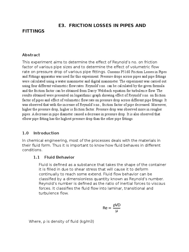 Friction Losses in Pipes and Fittings Experiment | PDF | Fluid Dynamics ...