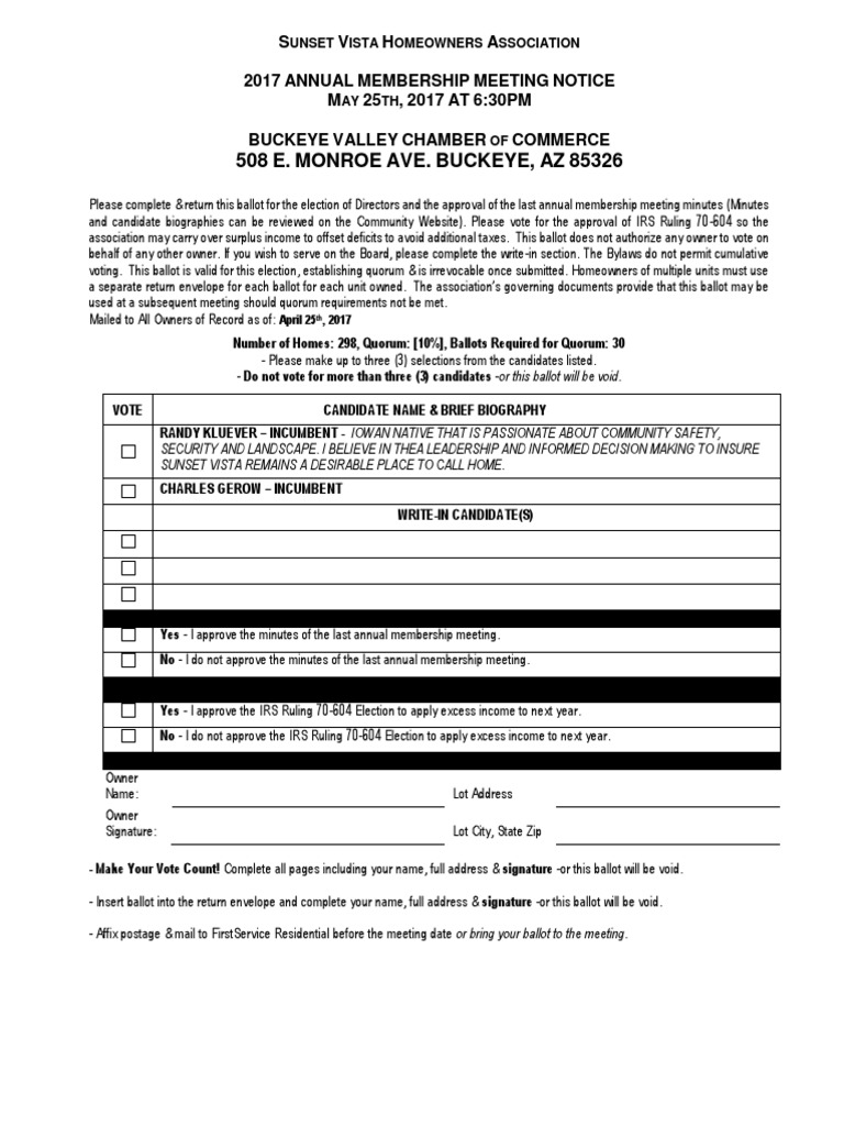 SUNSET VISTA HOMEOWNERS ASSOCIATION 2017 Ballot Quorum Elections