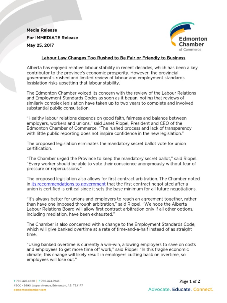 Edmonton Chamber of Commerce Responds To Alberta Labour Laws | PDF ...
