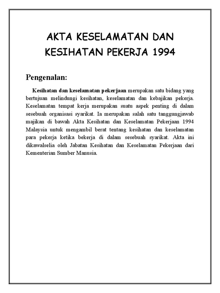 Akta Keselamatan Dan Kesihatan Pekerja 1994 Pdf