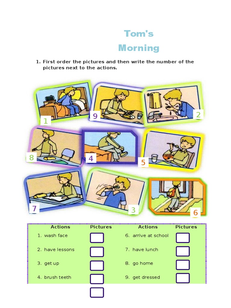 Tom's Morning: 1. First Order The Pictures and Then Write The Number of ...