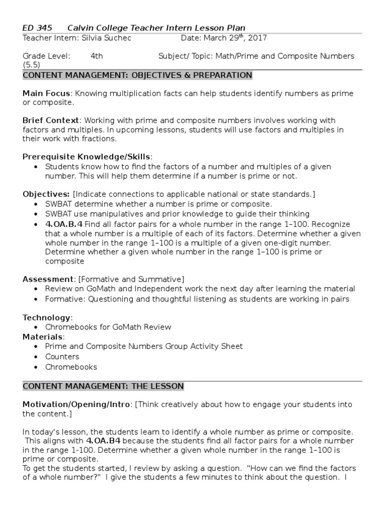 5 5 Prime And Composite Prime Number Lesson Plan