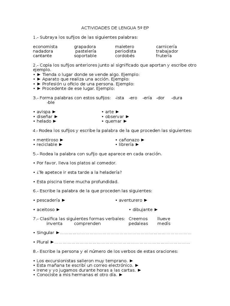 Actividades de Lengua para 5º EP | PDF | Plural | Verbo