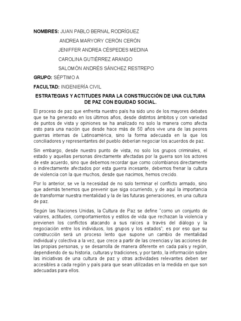 Cultura de Paz y Equidad Social en Colombia | PDF | Conflicto (proceso ...