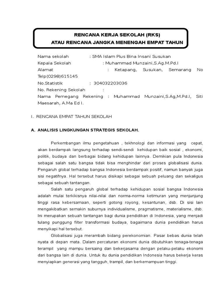 Rencana Kerja Sekolah SMA Islam Plus | PDF