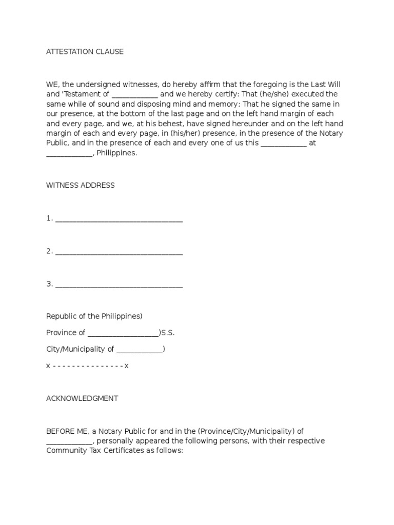 Attestation Clause Will And Testament Notary Public