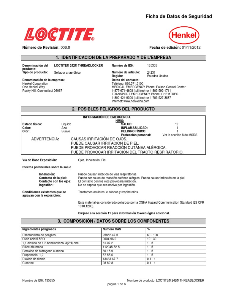 MSDS Egg100021179 Loctite Threadlocker 242 (Henkel) Oxígeno