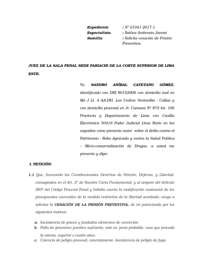 Modelo De Cesacion De Prision Preventiva Del Delito De Homicidio Derecho Penal Ley Comun