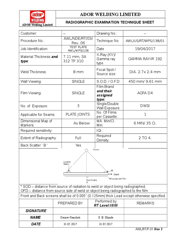 RT Technique Sheet + Report Rev 4 Radiography Welding