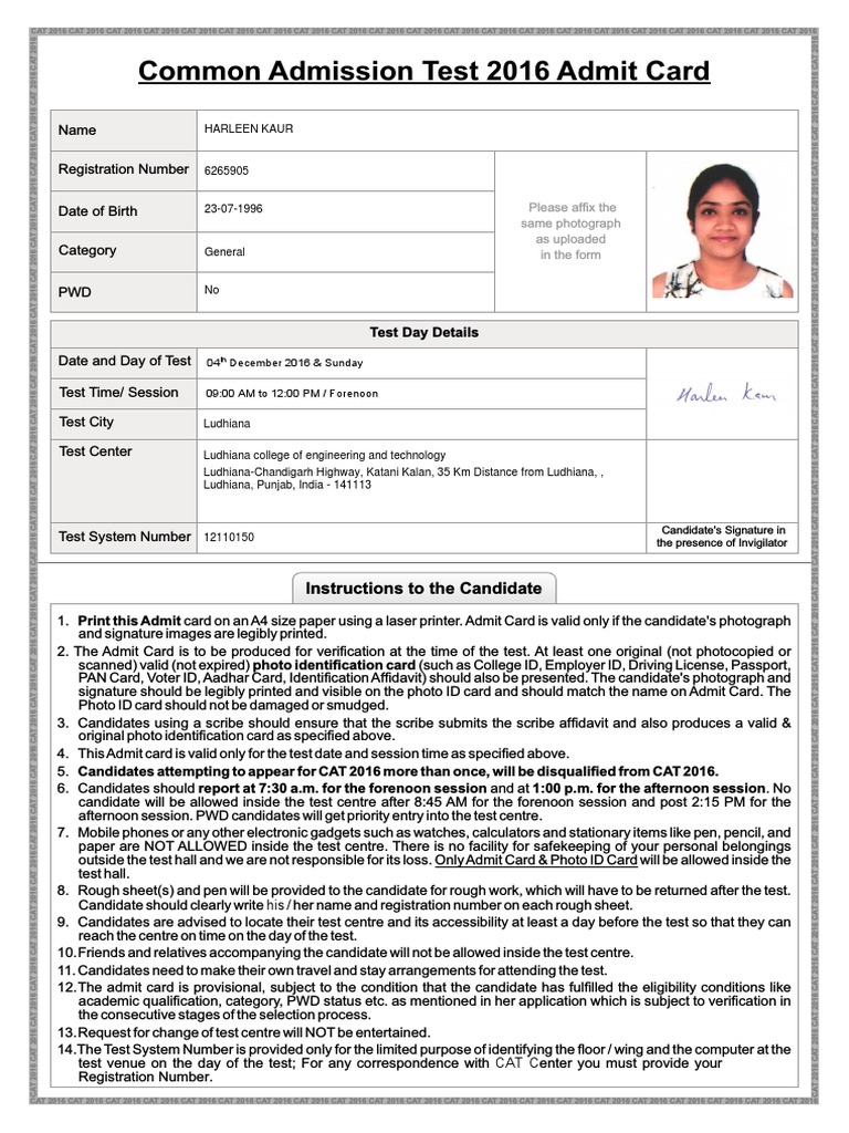 CAT 2016 Admit Card Instructions | PDF | Identity Document | Government ...