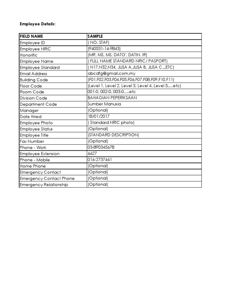 Employee Details Template Example | PDF