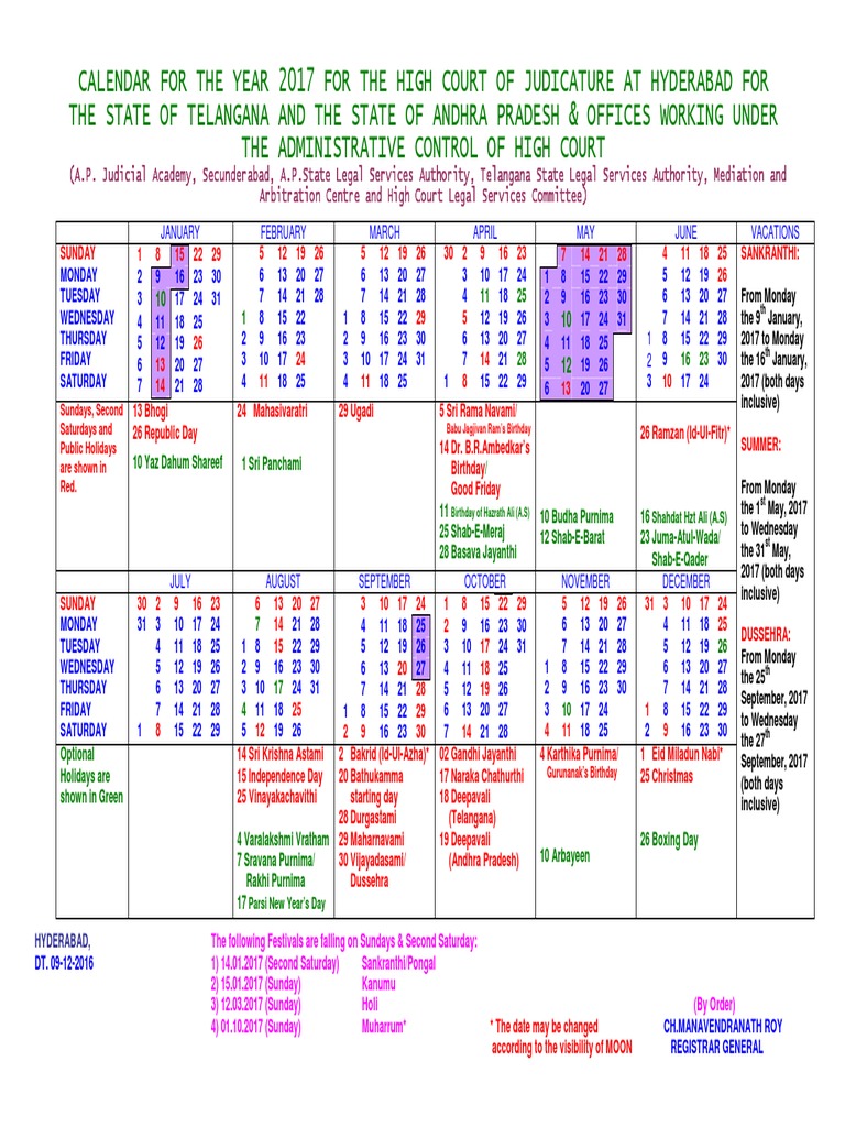 HC of Telangana and Andhra Pradesh Calendar 2017 | PDF