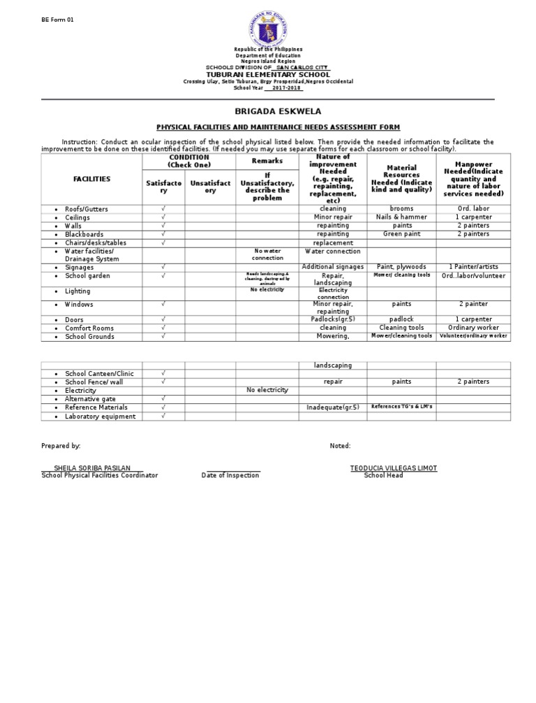 Be Form 1 Physical Facilities and Maintenance Needs Assessment Form